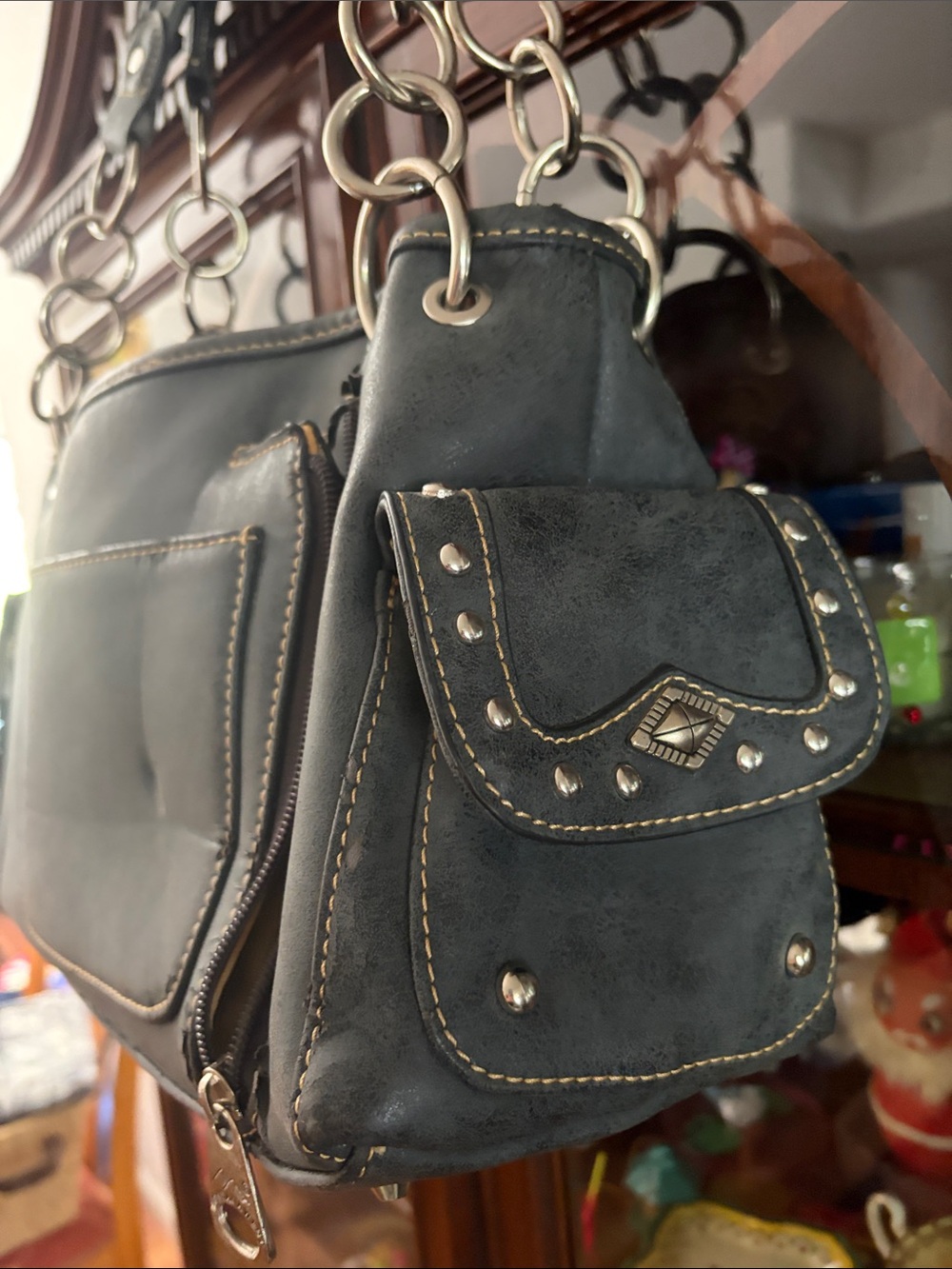 Montana West Black Embroidered Studded Shoulder Bag with Chain Straps - Picture 10 of 10
